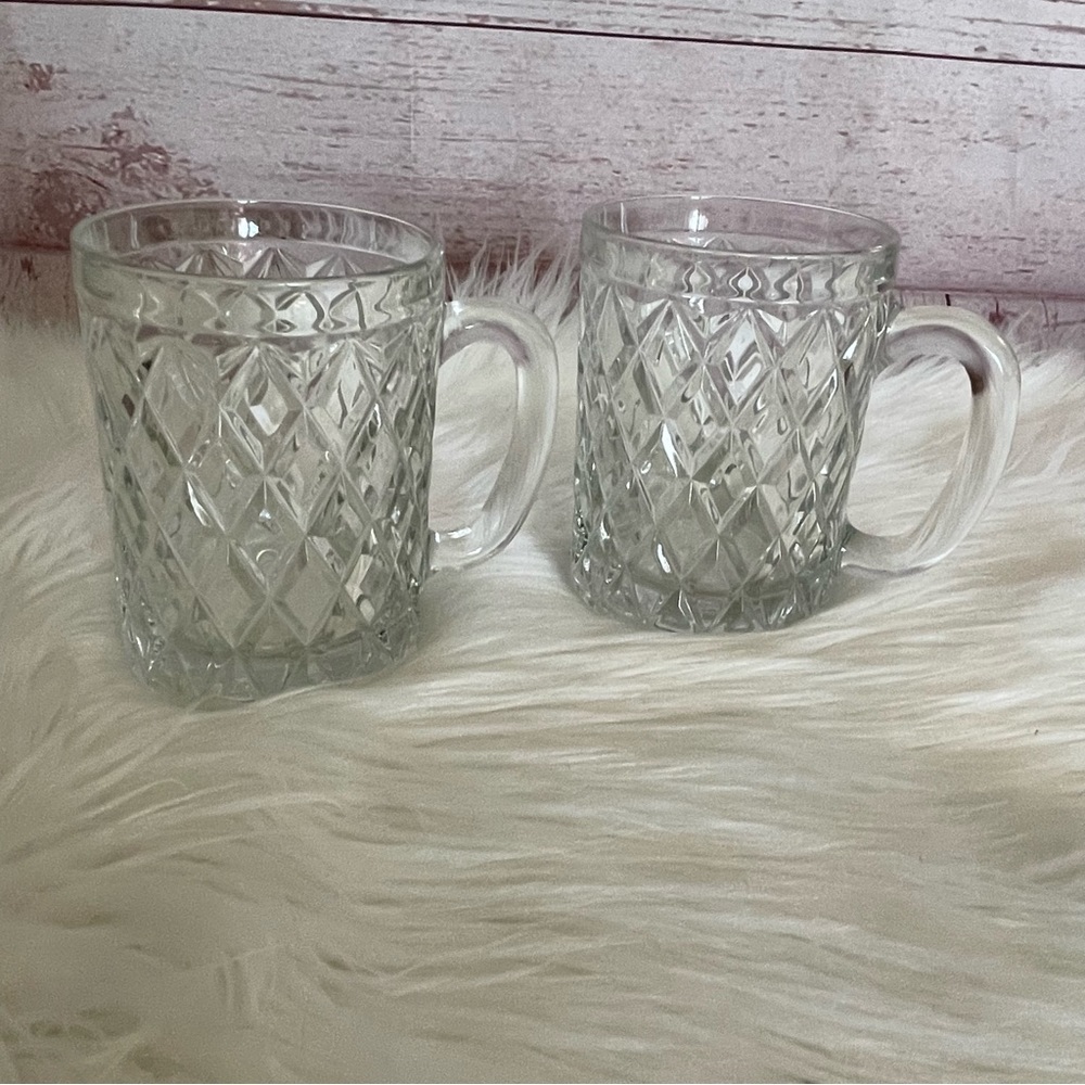 Set (2) Paul Sebastian Lead Crystal, Diamond Crisscross Pattern, Glass Mugs